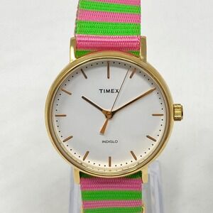 Timex Weekender Fairfield Watch Women 37mm Gold Tone Indiglo Nylon New Battery